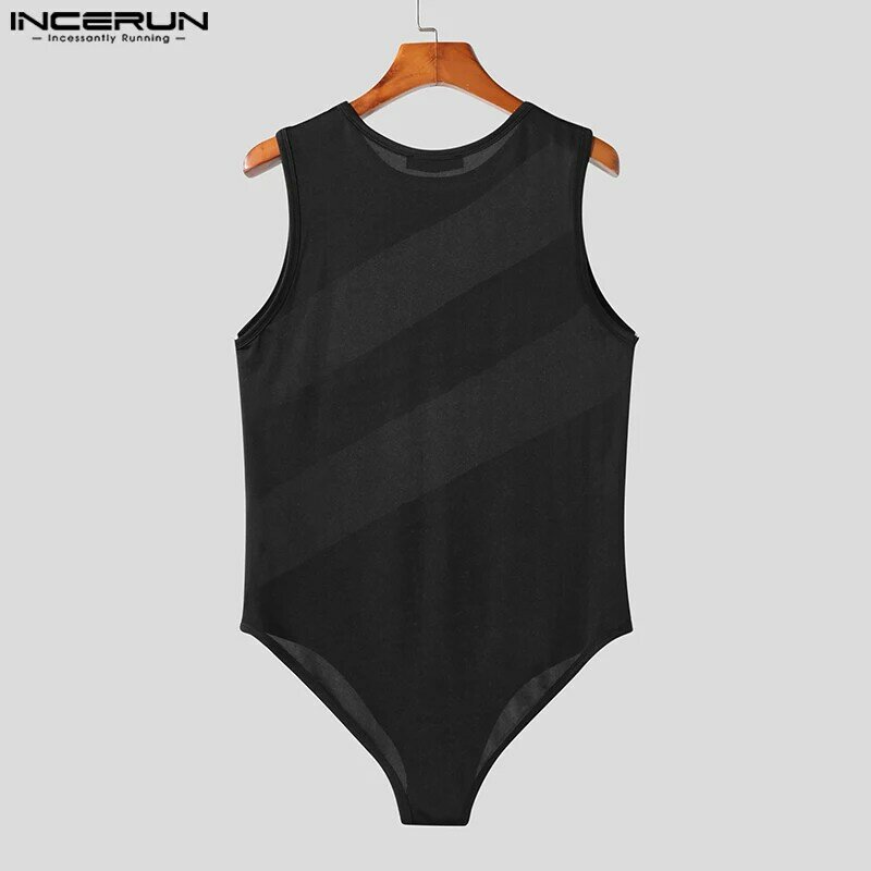 INCERUN Sexy Homewear Rompers Men See-through Mesh Knitted Splice Jumpsuit Casual Solid Sleeveless Triangle Bodysuits S-5XL 2023