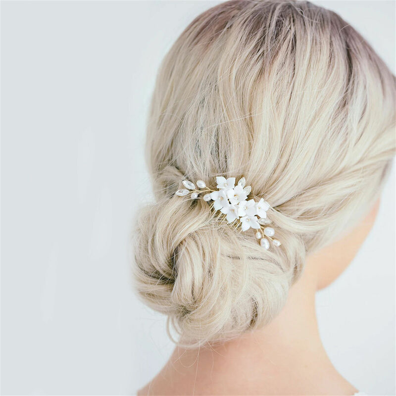 Rhinestone Pearl Ceramic Flower Hair Comb Woman Metal Comb Barrette with Pearl for Princess Party Favors Accessories