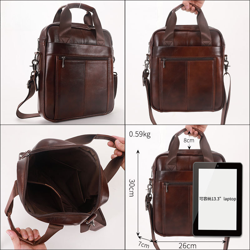 New men's handbag, 100% genuine leather shoulder crossbody bag vertical briefcase business trip messenger bag for 13.3-inch iPad
