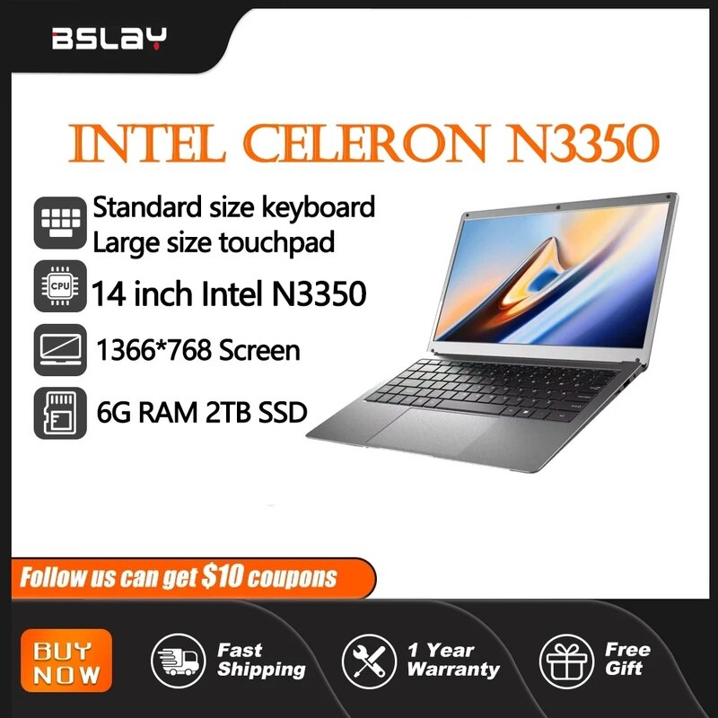 Netbook-Laptop com Câmera Portátil, 14 polegadas, N3350, 6 GB de RAM, 1TB, 2TB SSD, Windows 10, tela FHD, Intel Celeron, Brand New, Slim