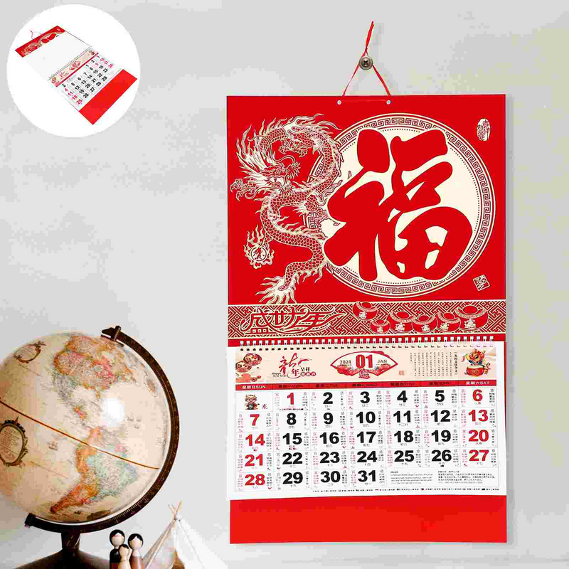 Calendario de pared colgante decorativo, Año Nuevo Chino, Lunar delicado, tradición mensual, hoja de oro grande, 2024