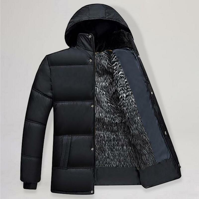Men Winter Cotton Coat Padded Thick Plush Hooded Winter Coat Soft Button Closure Windproof Elastic Cuff Mid-aged Men Jacket