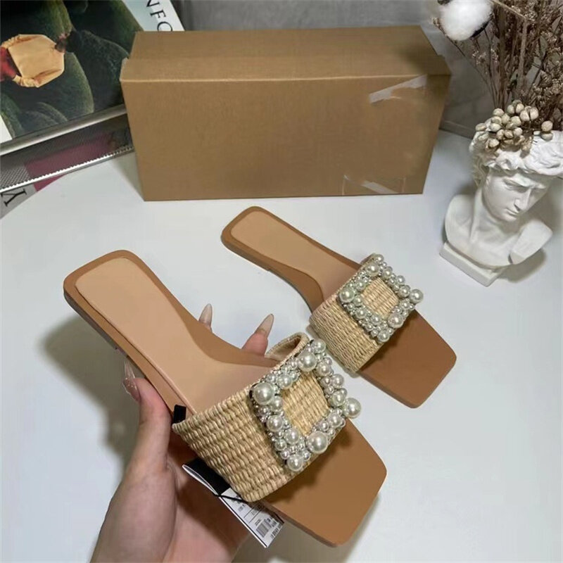 TRAF Female Faux Pearl Flats Slipper Elegant Squared Open Toes Sandals Women Chic Weave Beige Comfortable Flats Shoes
