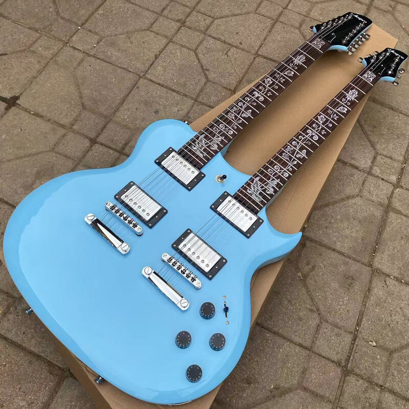 В наличии Acepro электрическая гитара синего цвета с двойной шеей, 6-струнная гитара + 12-струнная гитара Combo, хромированная фурнитура
