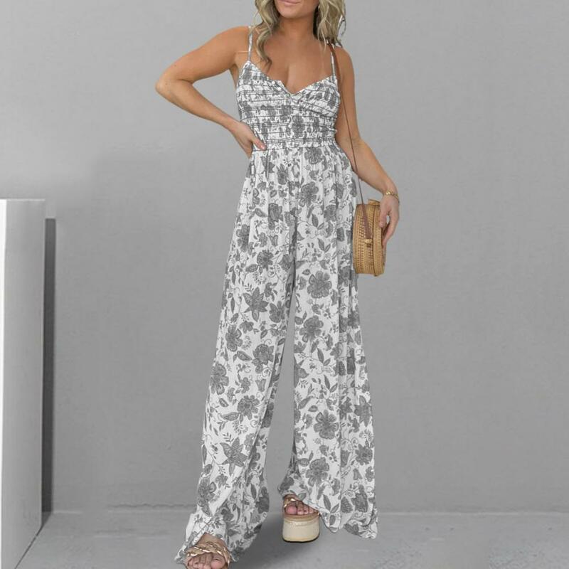 Loose Fit Jumpsuit Lady Dating Jumpsuit Floral Print V Neck Jumpsuit for Women Wide Leg Summer Romper with Elastic for Vacation