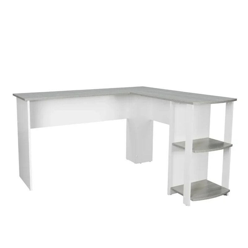 Modern L-Shaped Desk with Side Shelves, Grey  Office Furniture  Office Desk  Desk Table with Drawers  Computer Desks