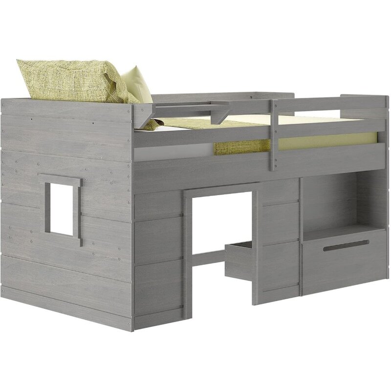 Cama baja de madera maciza con cajón de almacenamiento y escalera, marco de cama para niños, Bases y marcos de madera de deriva, muebles para niños