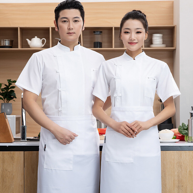 Uniforme respirável de chef manga curta, roupa de cozinha, uniforme de cozimento masculino e feminino, hotel, jantar, cantina, verão