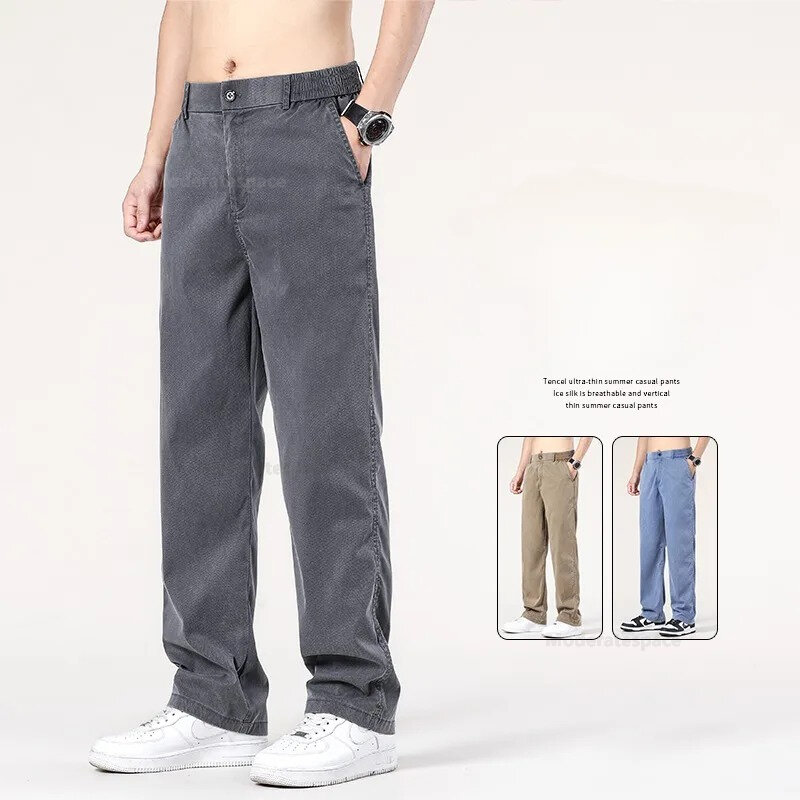 Baggy Jeans Men's Summer Clothes Classic Thin Lyocell Fabric Straight Casual Pants Soft Denim Trousers Coffee Blue Gray