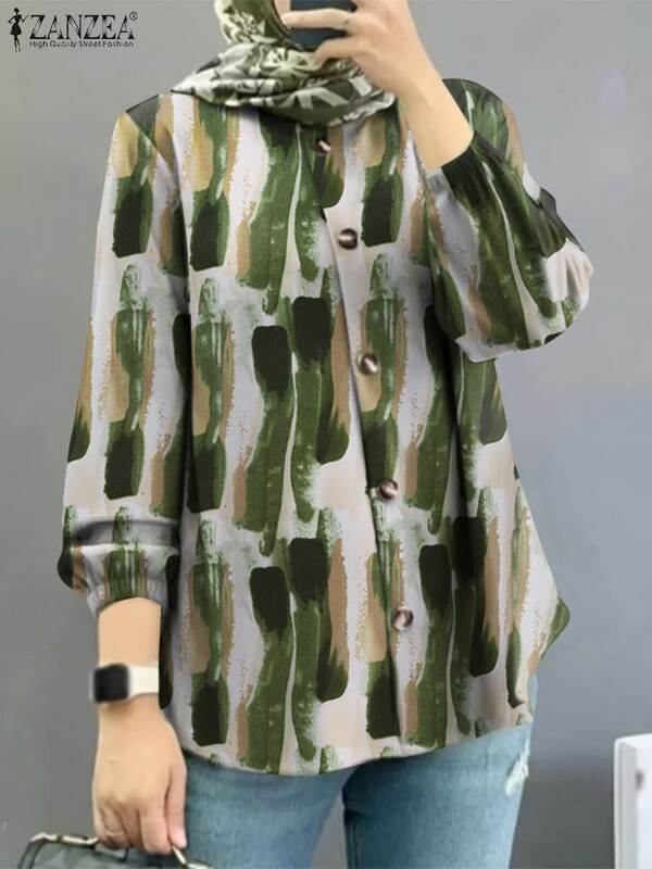 ZANZEA-Chemisier boutonné à manches longues pour femmes, chemise musulmane, imprimé floral bohème, décontracté, Ramadan, automne, 2023