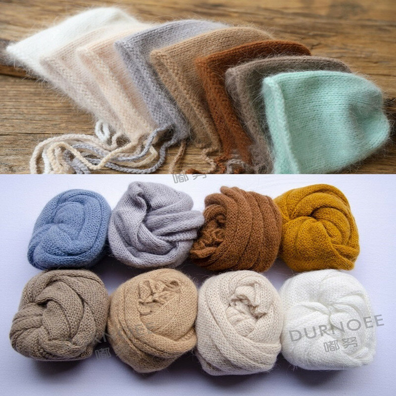 Stretchable Lã Envoltório Cobertor para a Fotografia Recém-Nascido, Handmade Swaddling Hat, Fotografia Props, Foto Tiro Acessórios