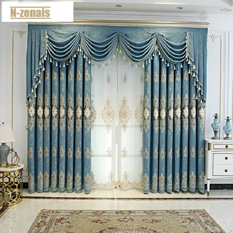 Europeu valance luxo cortinas para sala de estar quarto sala jantar blackout oco chenille bordado tule villa personalizado cinza