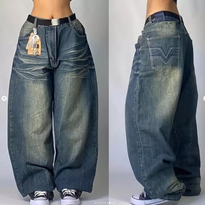 Новинка 2024, мешковатые джинсы, винтажные потертые джинсы в стиле Харадзюку, женские прямые широкие брюки с высокой талией в американском и готическом стиле, Y2K