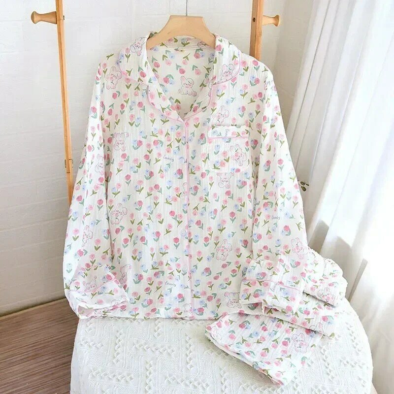 Pure Pajama New Cute Pants Sweet Autumn/winter Cotton Piece Long Homewear Set Women's Rose 2 2023 Sleeved Print Rabbit