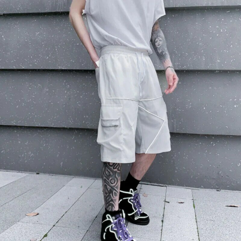 2024 Summer New Men Reflective Strip Tactical Cargo Shorts Y2K Hip Hop Techwear Style Cropped Pants pantalones cortos шорты