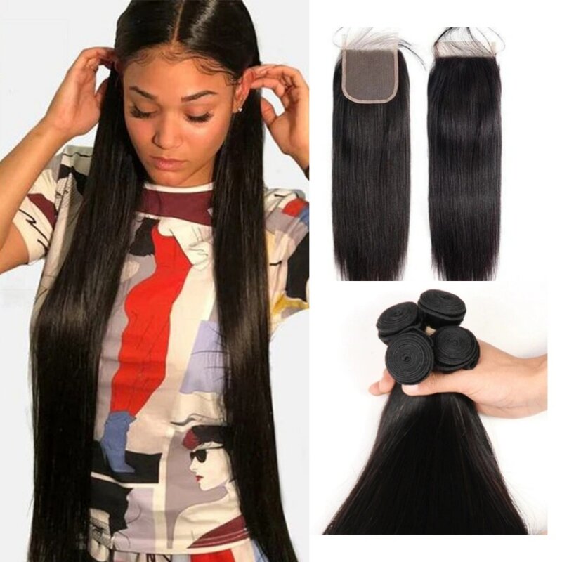 Hair Bundles With Closures 4x4 Lace Closure HD Lace Weave Bundles With Closure 100% Human Hair 50g Natural Straight Pre Plucked