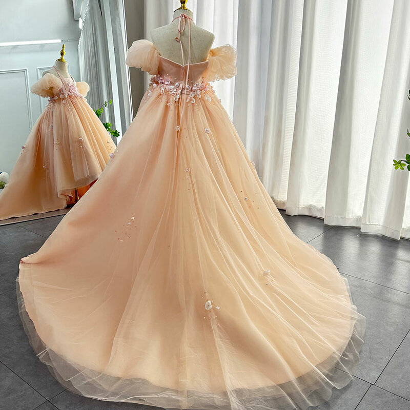 Jill Wish Luxury Arabic Girl Dress 3D Flowers Cora Pearls Dubai Kids Wedding Birthday First Communion Party Prom Gowns 2024 J313