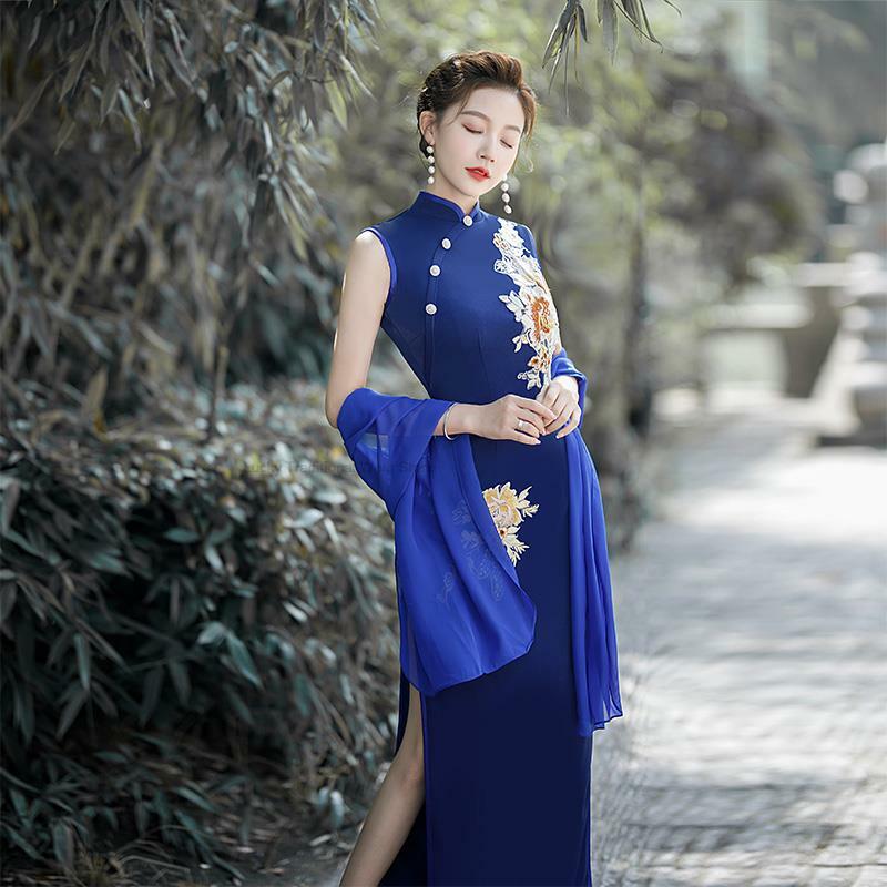 Chinesisch verbessert Cheong sam Kleid Blumen stickerei Retro Qipao elegante Abend party Kleid Vestido orientalisch sexy Qipao T1