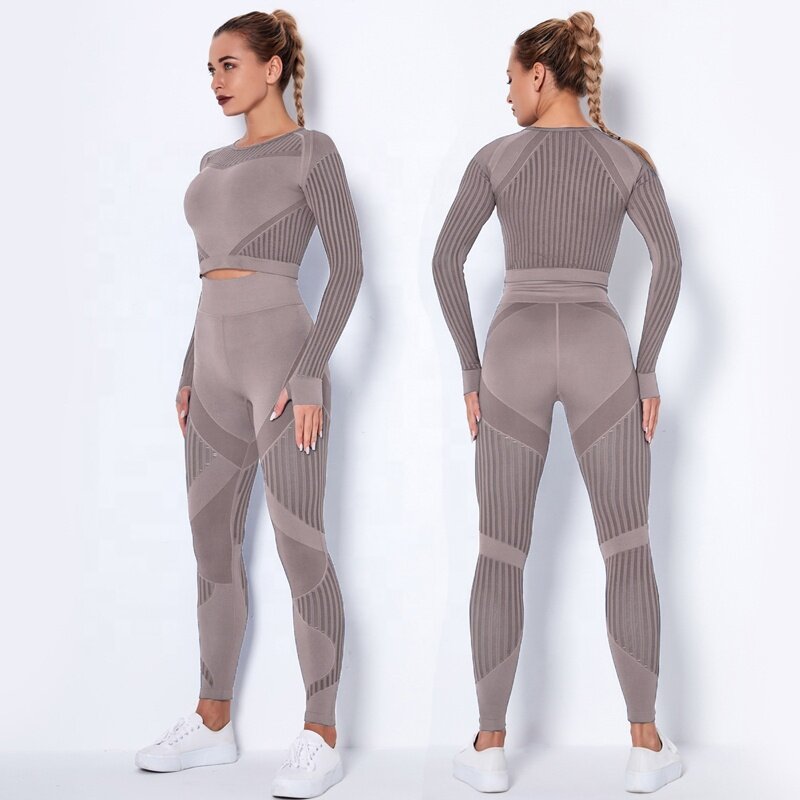Conjunto de roupas de ioga sem costura de manga comprida para mulheres, cintura alta fitness leggings