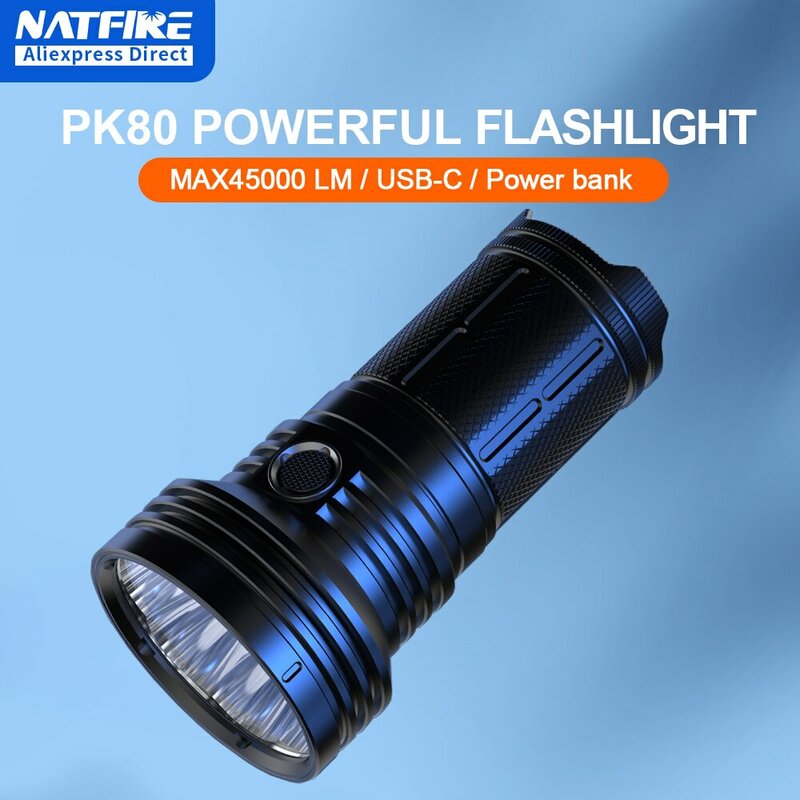 45000LM Lanterna Ultra Poderosa Luz Forte USB-C Recarregável LED Tocha 10400mAh 18650 Bateria Power Bank Busca Resgate PK80