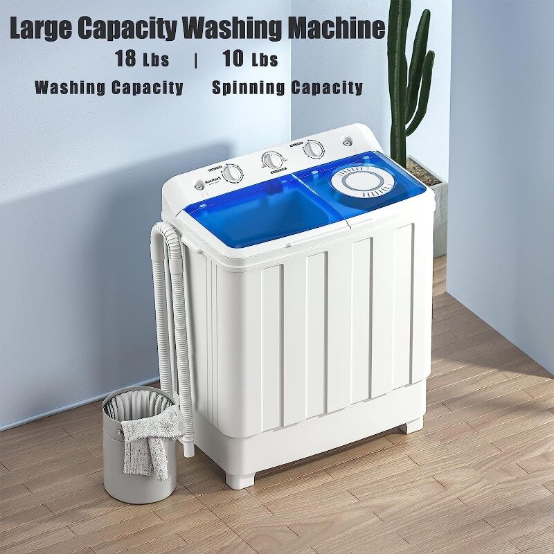 Auertech Draagbare Wasmachine, 28lbs Twin Tub Wasmachine Mini Compacte Wasmachine Met Afvoerpomp