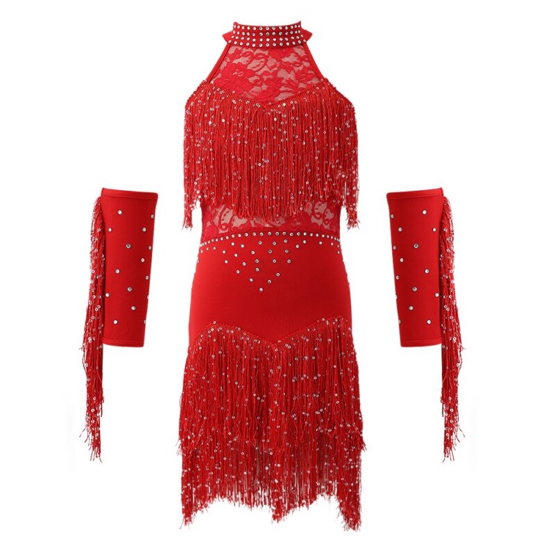 여아용 레이스 라틴 댄스 태슬 드레스, 대회 유니폼, 공연 댄스웨어 세트, 장갑 포함