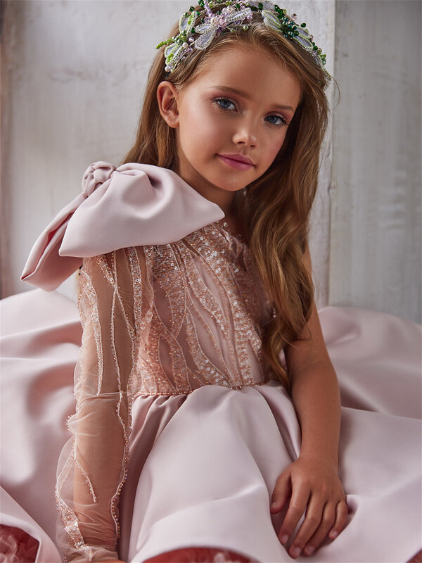 Розовое Пышное многослойное платье на одно плечо с блестками и цветами для девочек на свадьбу милое детское платье для первого причастия