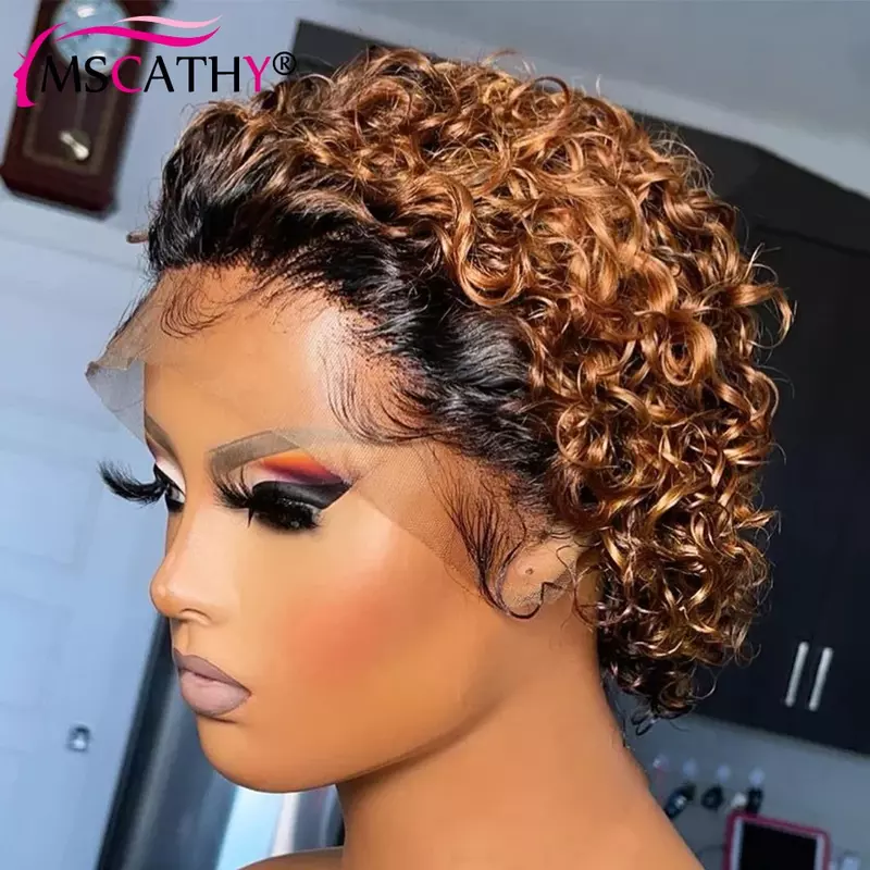 1B Colored Brazilian Remy Human Hair Wigs Short Bob Pixie Cut Women Wig 13x1 Transparent Lace Deep Curly Bob 99J Honey Blonde