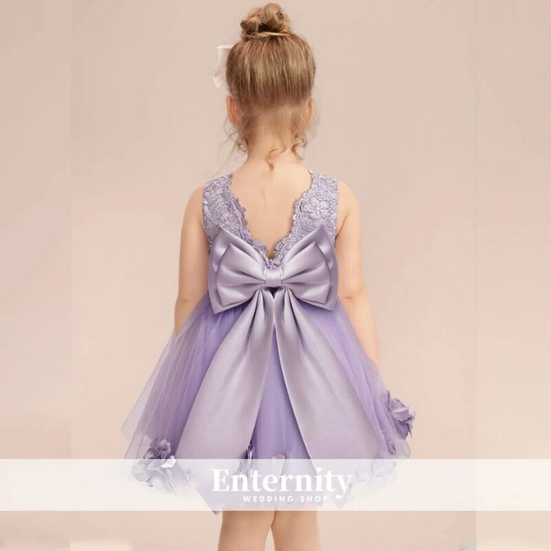 Gaun anak perempuan putri gaun anak perempuan model A-line ikatan simpul 3D bunga pinggang gaun anak perempuan selutut lengan gaun indah Vestidos Para Anak