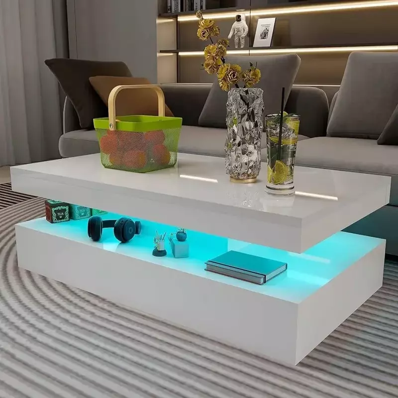 High Gloss Modern Coffee Table With RGB LED Light White Rectangular Coffee Table for Living Room With Remote Control Tables Wood