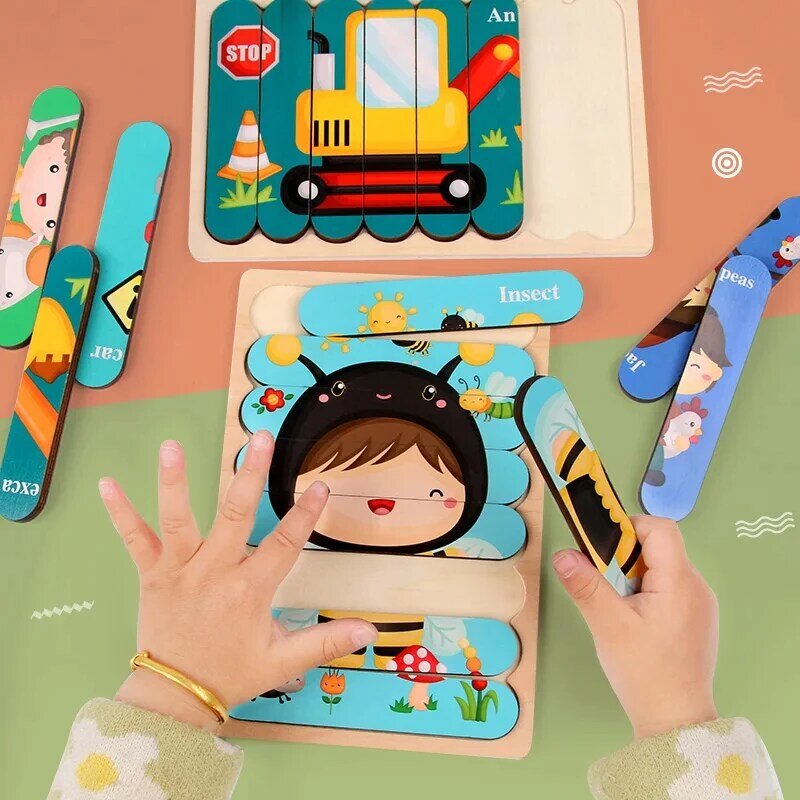 Teka-teki Montessori Kayu Bayi Permainan Anak Teka-teki Kayu 3D Teka-teki Hewan Kartun Teka-teki Mainan Bayi untuk Anak-anak 1 2 3 Tahun