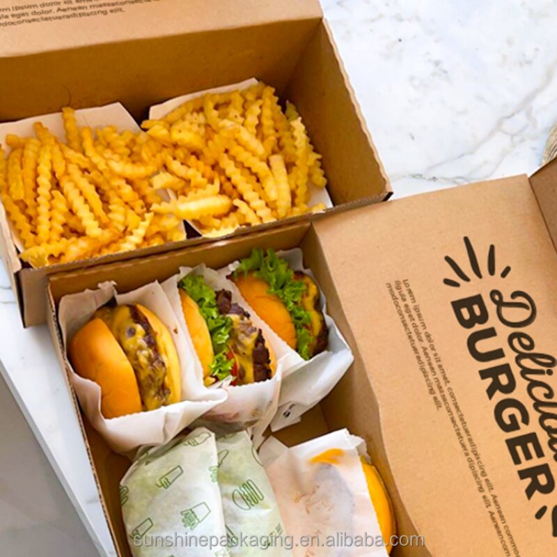 Kunden spezifisches Produkt kunden spezifische Clam Clam shell Einweg-Lebensmittel verpackung Kraft papier Lebensmittel qualität Fast-Food-Burger Braten Huhn Hotdog