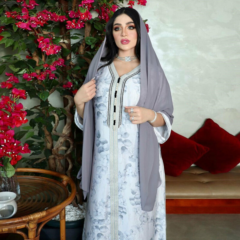 Gaun motif Hui untuk wanita Muslim, pakaian Muslim kasual kerah V Dubai, pakaian longgar bergaya Vintage untuk wanita
