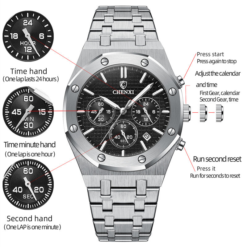CHENXI-Homens de aço inoxidável relógio de pulso impermeável, Quartz Watch, Data Chronograph, Top Luxury Brand, 948