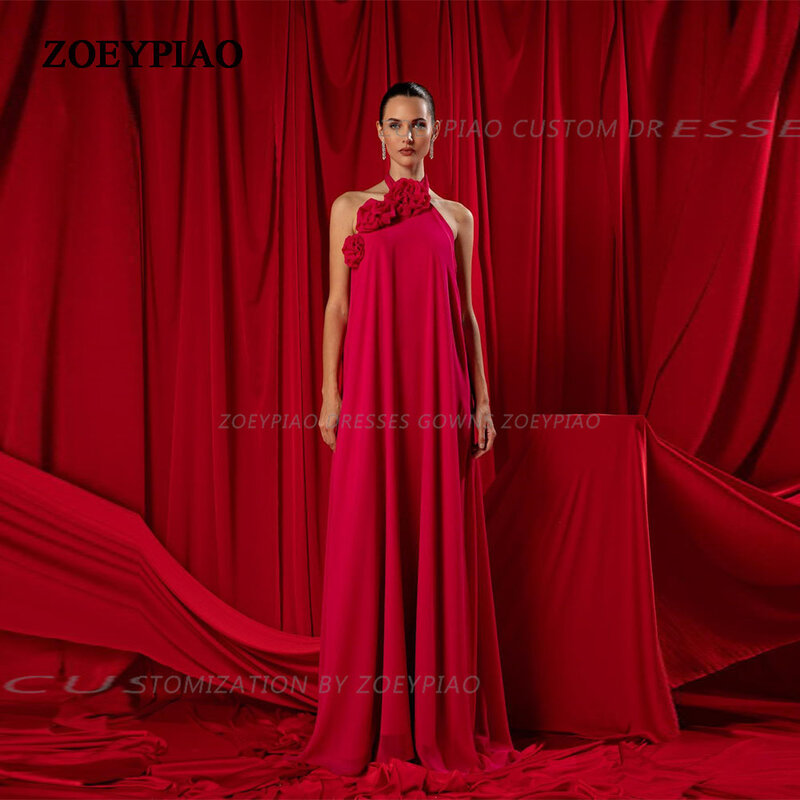 Red Halter A Line Flowers Prom Dresses Exquisite Gown Celebrity Fold Chiffon Occasion Evening Dress vestidos de ocasião formal