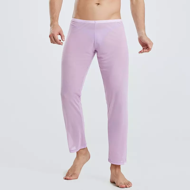 Siateczkowe jedwabne spodnie męskie piżamy męskie dla luźnych mężczyzn piżama nocna seksowna przezroczysta