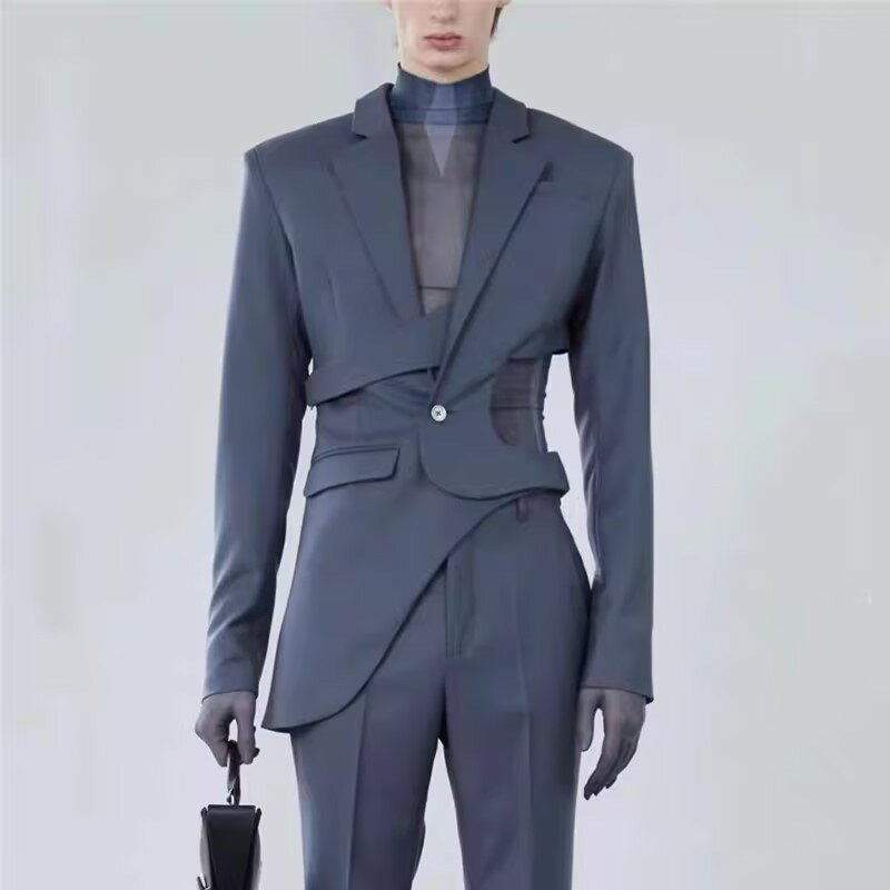 2024 Solid Hollow Out Casual Irregular Blazers For Women Notched Collar Long Sleeve Spliced Button Temperament Blazer Female New
