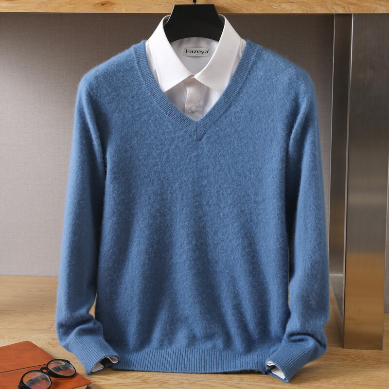 Jersey de punto con cuello en V para hombre, suéter informal holgado de Cachemira de visón, Tops gruesos de Color sólido, primavera y otoño, 100%