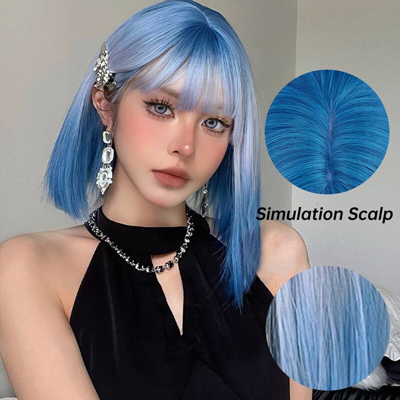 Set rambut Wig gaya Jepang dan Korea, wig bob lurus pendek gelombang gradien biru sutra suhu tinggi