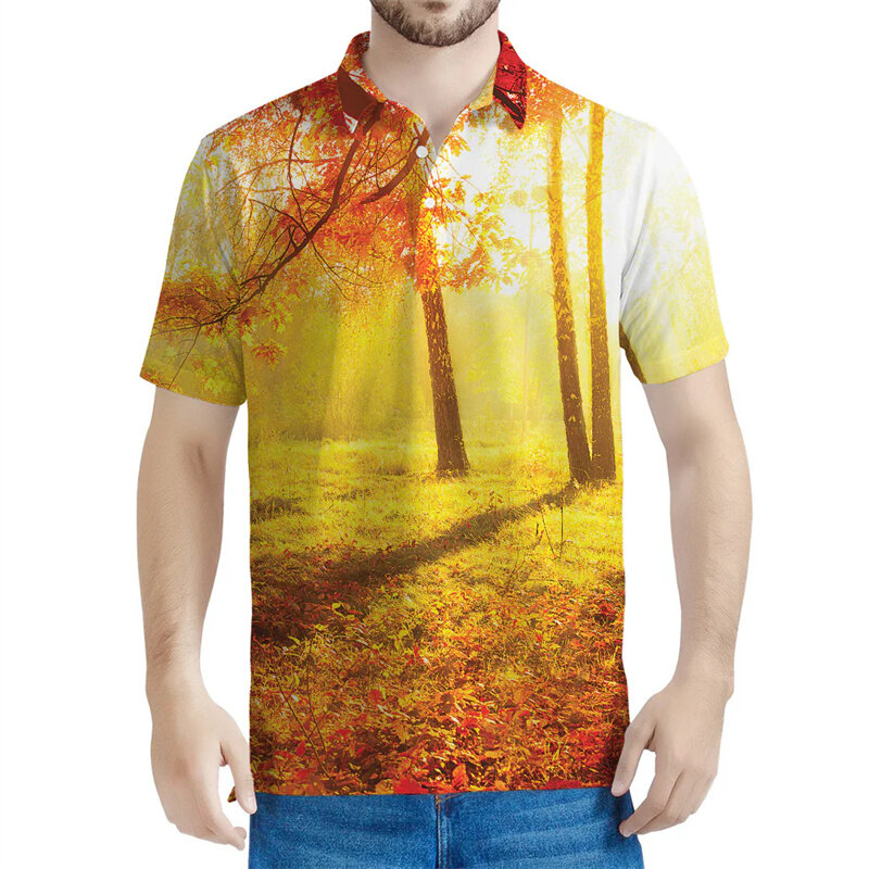 Kaus Polo motif 3D hutan musim gugur pria, kaus longgar berkancing pola lanskap lengan pendek musim panas