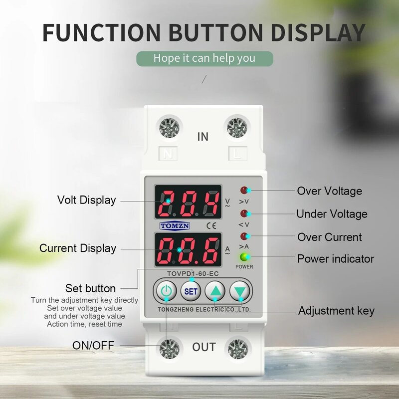 Din Rail Dual Display Adjustable Over Voltage Current and Under Voltage Protective Device Protector Relay 40A 63A 80A 220V 230V
