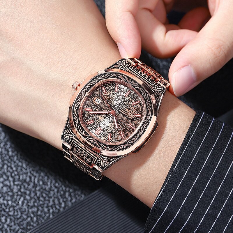 Montres à quartz de luxe pour hommes et femmes, montres-bracelets à motif en relief, horloge masculine, montres à bracelet en acier inoxydable