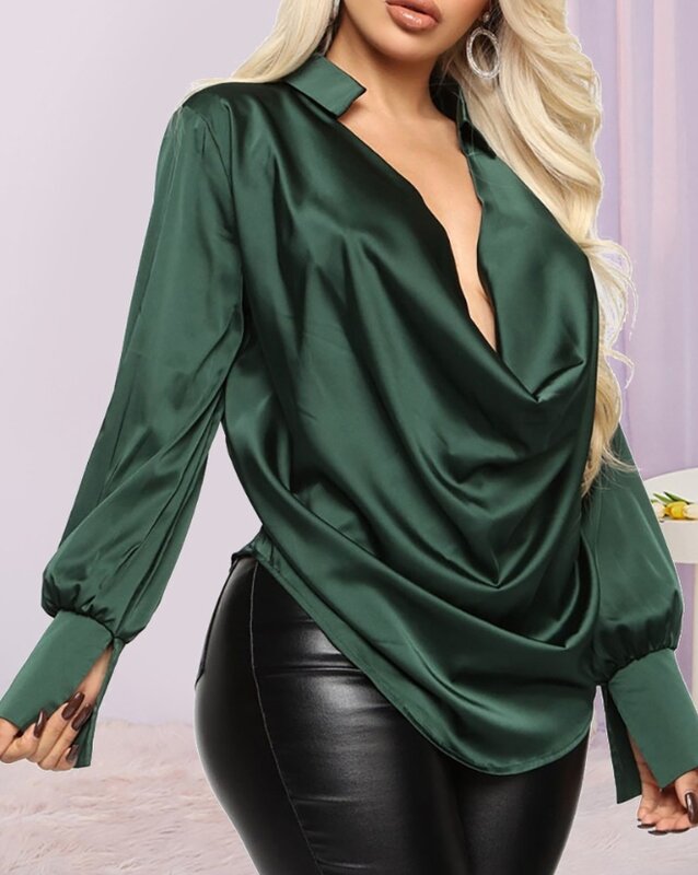 Female Elegant Satin Cowl Neck Long Sleeve Ruched Shirt Temperament Commuting Women's Plain Casual Clothes Woman Sexy Blouses