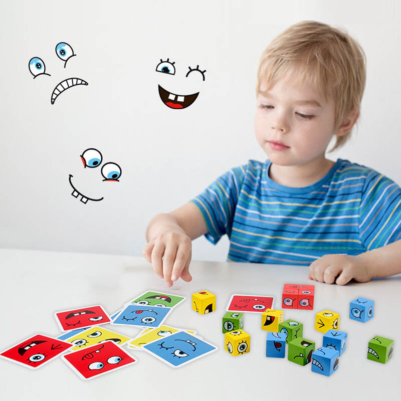 Dzieci drewniane klocki do wyrażeń Montessori edukacyjna twarz zmieniająca Puzzle do układania myślenie gry logiczne geometria Puzzle prezent
