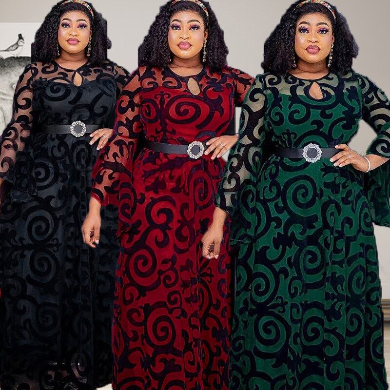 Vestidos africanos de gasa de Dubái para mujer, bata de manga con volantes, Abaya musulmana, estampado Dashiki, talla grande, verano, 2023