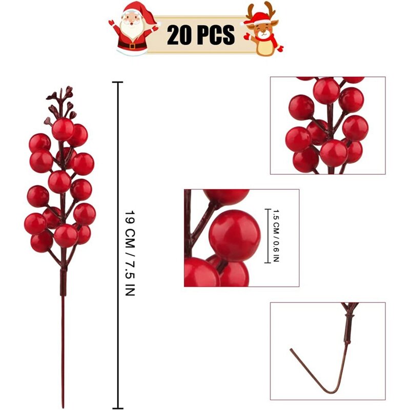 20 Pc Artificial Berry Stems, 7.5 Inches Christmas Glitter Berries Stems,Artificial Christmas Picks For Xmas Tree