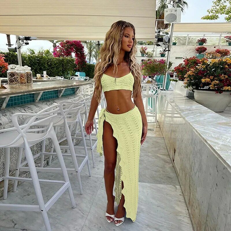 2024 Summer Elegant Solid Knitted Hollow Out Vacation 2 Piece Set Women Camisole Crop Tops High Split Bandage Skirt Beachwear