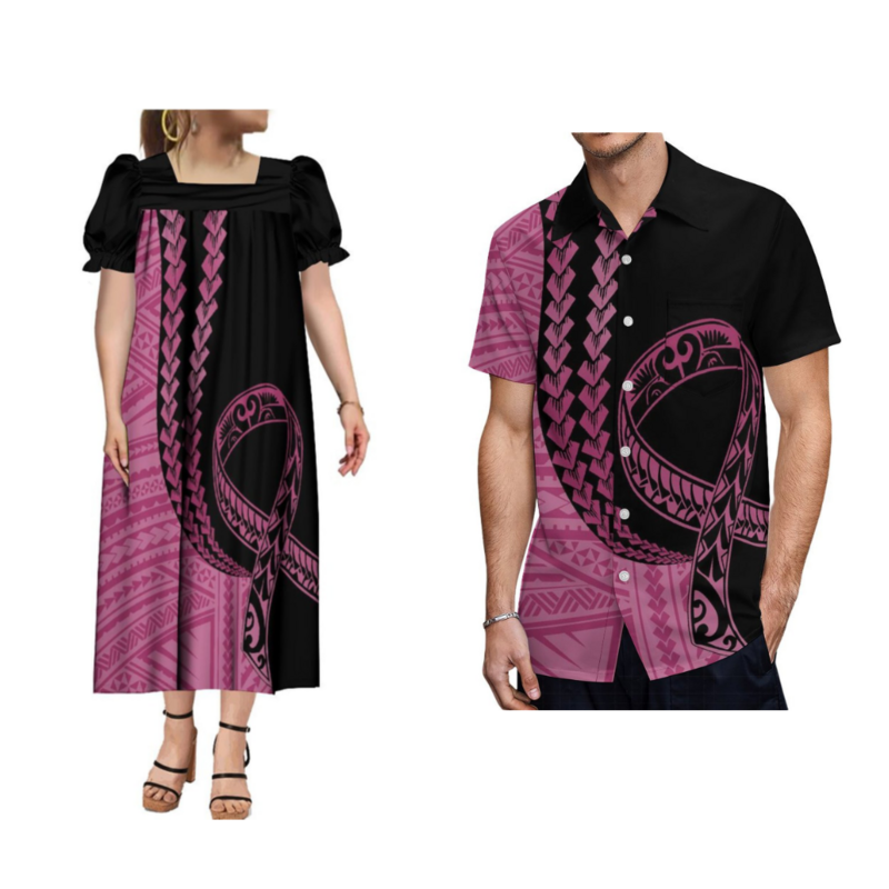 مجموعة زوجين Mumu Microsia ، أكمام منفوخة ، تنورة طويلة أنيقة ، قميص رجالي ، مخصص ، طباعة قبلية بولينيزية ، جديدة