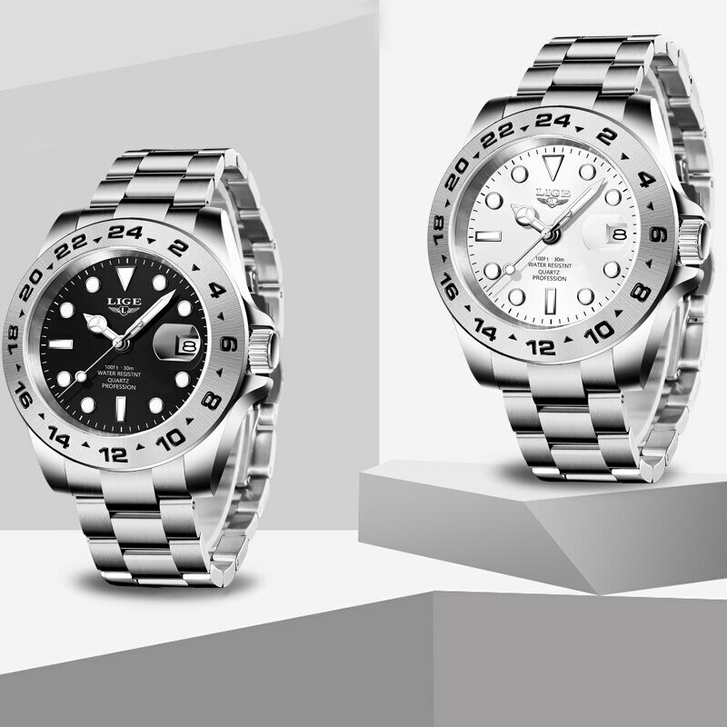 LIGE 2024 남성용 스테인리스 스틸 밴드 시계, 날짜 표시, 비즈니스 남성 시계, 방수 럭셔리 남자 손목 시계