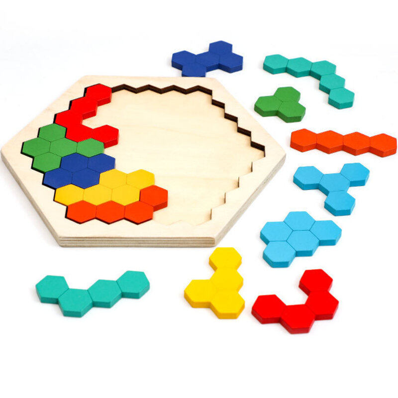 Hexagonais Puzzles de madeira para crianças e adultos, IQ Game, Brinquedos Educativos, Tangram Board, IQ Brain Teaser, Montessori Presentes